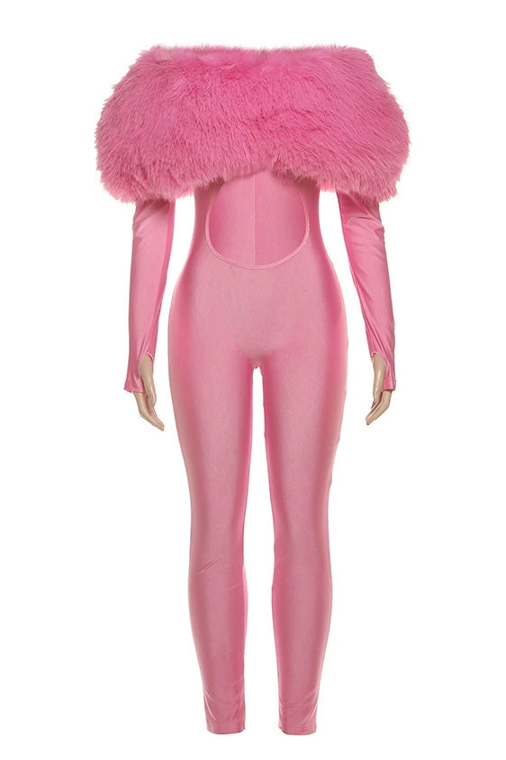 Off Shoulder Faux Fur Crop Jumpsuit Lavish Daily