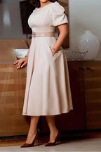 Puff-Sleeve Belted A-Line Midi Dress Lavish Daily