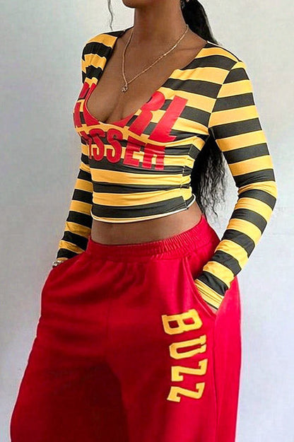 Striped Graphic V-Neck Long-Sleeve Crop Top Lavish Daily