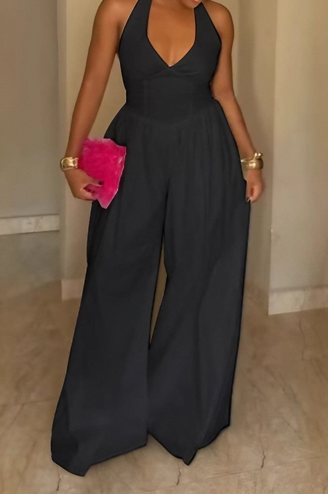 Halter V-Neck Backless Slim Wide Leg Jumpsuit Lavish Daily