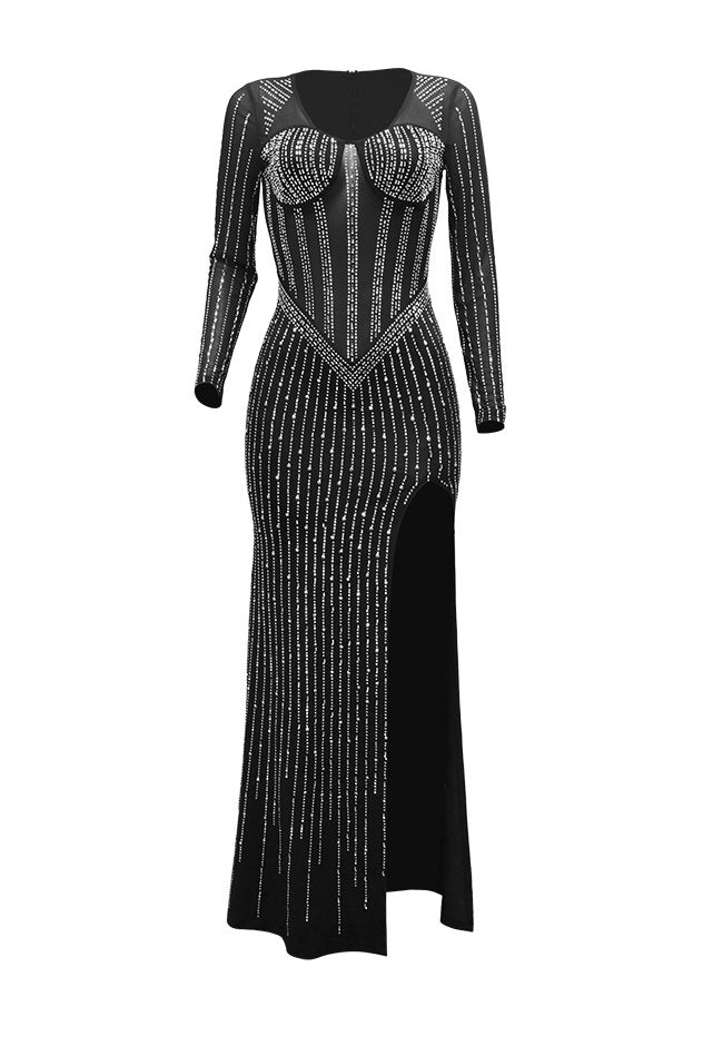 Rhinestone Mesh High Slit Maxi Dress Lavish Daily