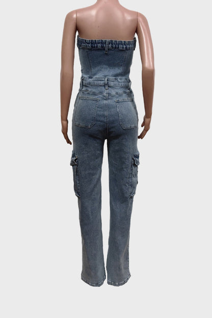 One Piece Denim Cargo Jumpsuit Lavish Daily