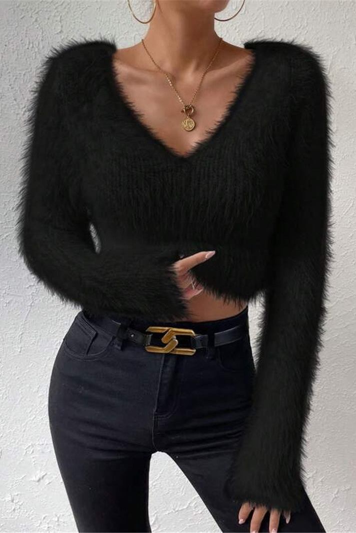 V Neck Slim Plush Short Sweater LavishDaily