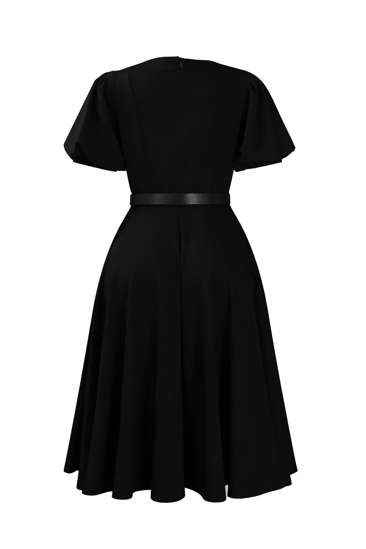 Puff Sleeve Belted A-Line Midi Dress with Pockets Lavish Daily