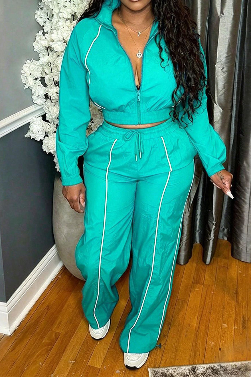 Zip-Front Piped Top & Wide-Leg Pants Set Lavish Daily