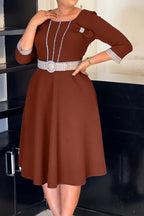 Elegant Round Neck Patchwork Midi Dress Lavish Daily