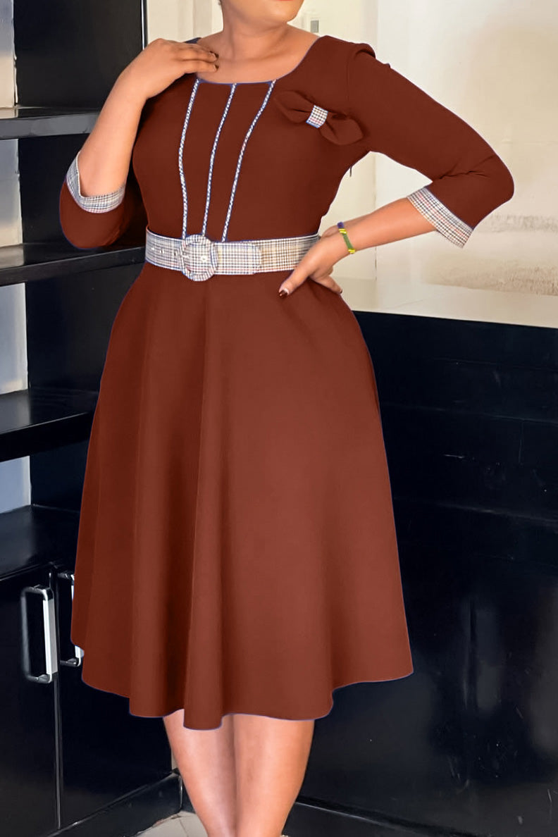 Elegant Round Neck Patchwork Midi Dress Lavish Daily