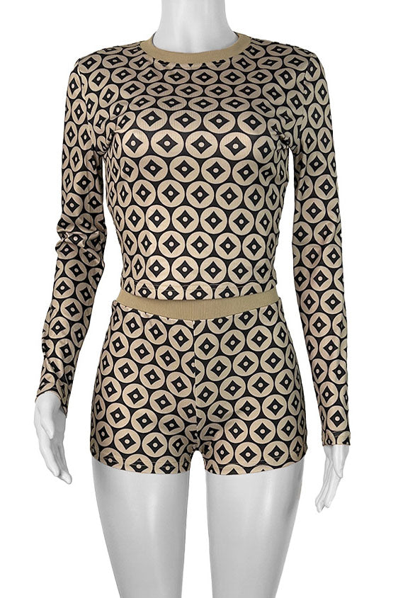 Slim Fit Coin Print Long Sleeve Top & Shorts Set Lavish Daily