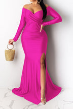 Off-Shoulder Long Sleeve Sweep Train Dress LavishDaily