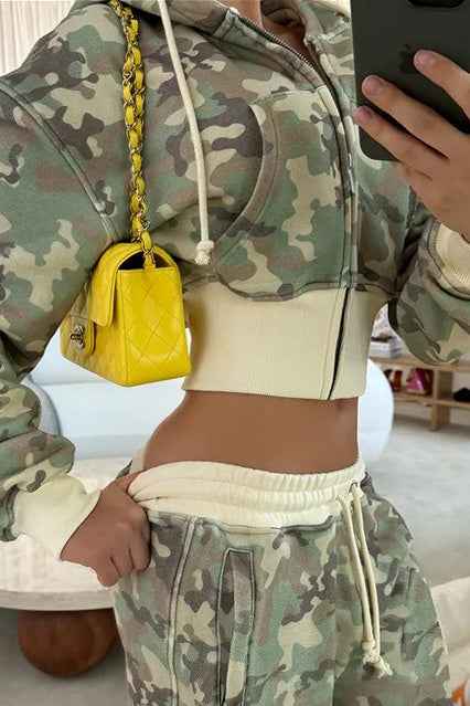 Camo Zip Up Jacket and Cargo Pants Set Lavish Daily