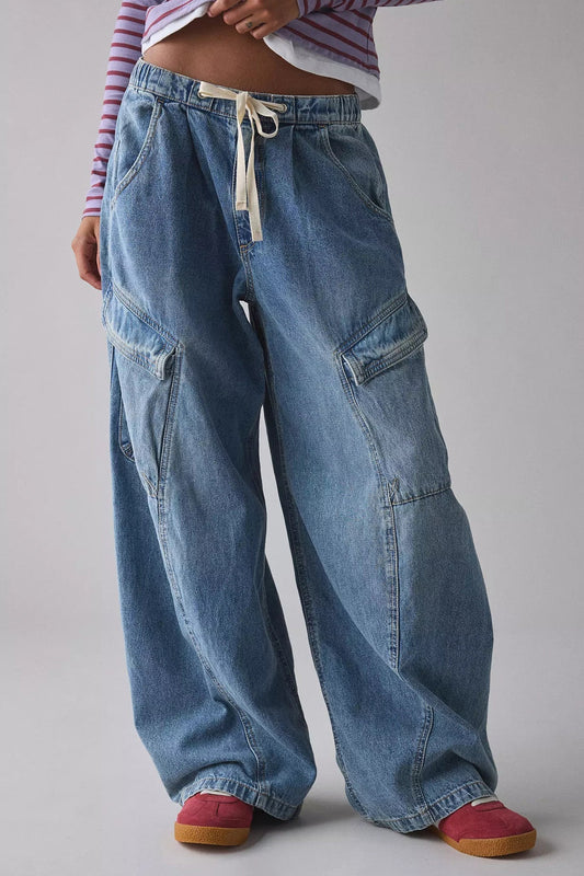 Drawstring Waist Baggy Cargo Jeans Lavish Daily