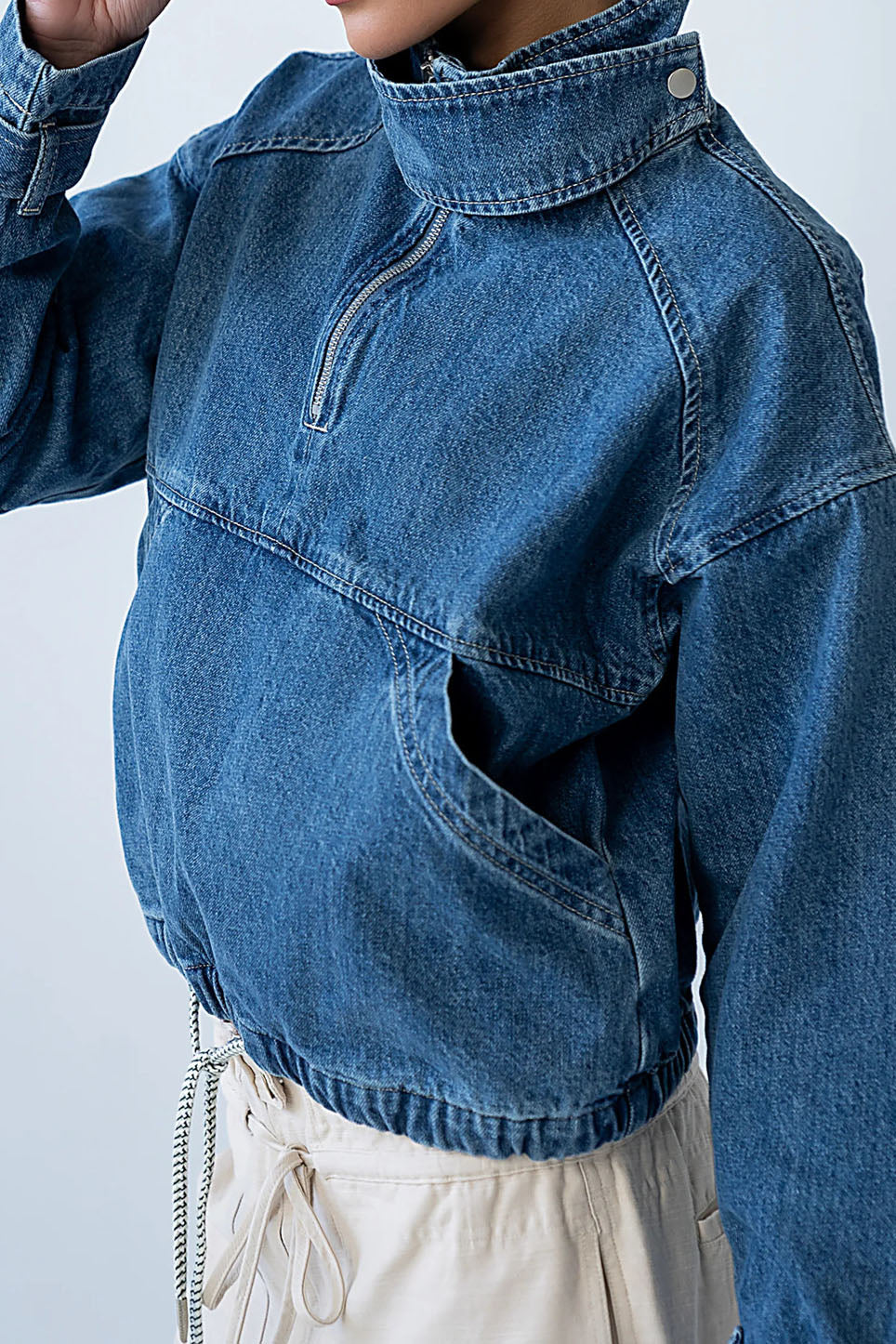 High-Collar Half-Zip Denim Pullover Jacket Lavish Daily