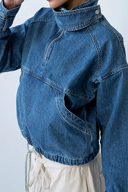 High-Collar Half-Zip Denim Pullover Jacket Lavish Daily