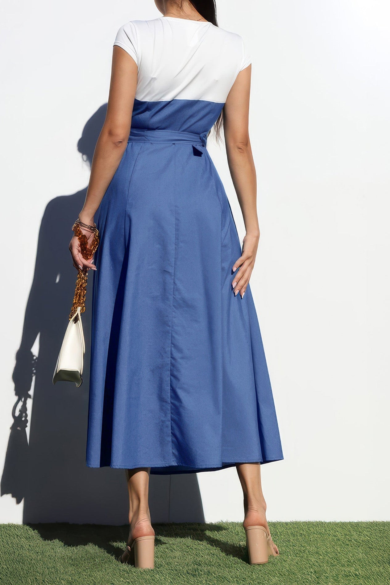 Elegant Denim Patchwork Pocket A-Line Dress Lavish Daily