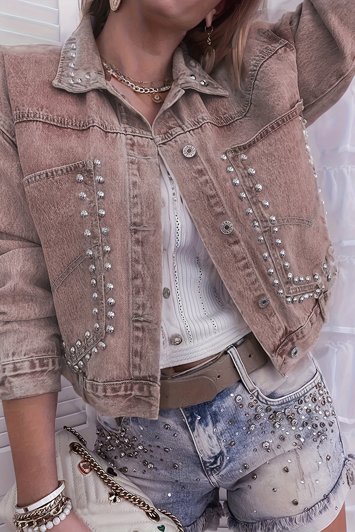 Rivet Studded Pocketed Denim Jacket Lavish Daily