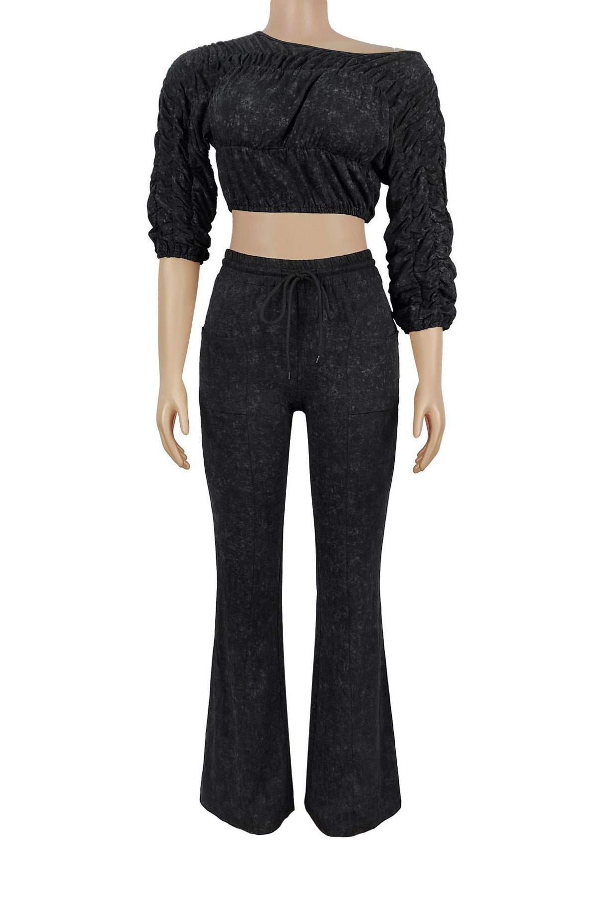 Ruched Off-the-Shoulder Crop Top & Flare Set Lavish Daily
