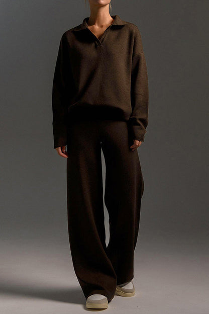 2-Piece Knit Polo & Wide-Leg Lounge Set Lavish Daily