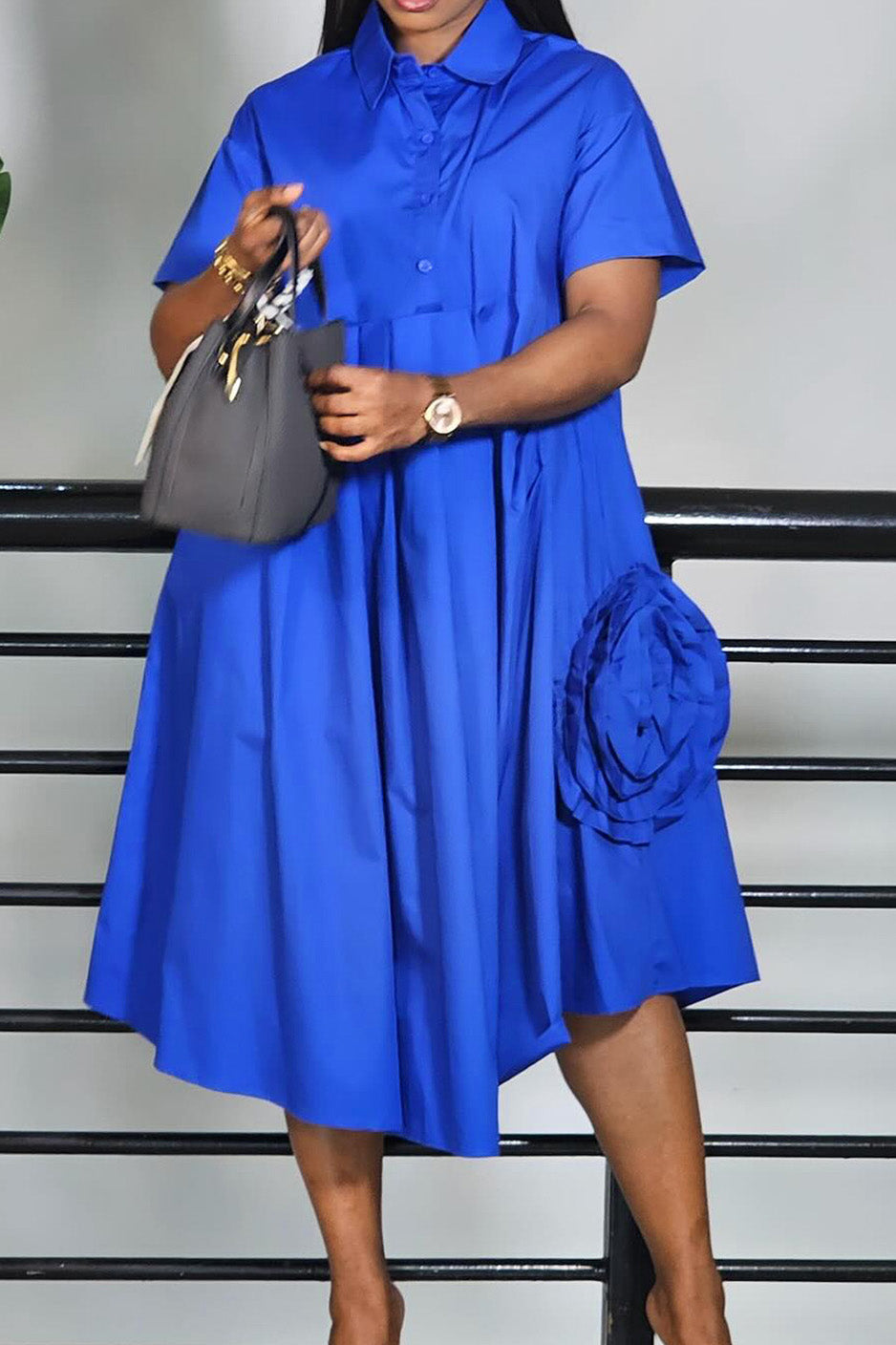 Casual Shirt Collar 3D Floral Pocket Midi Dress Lavish Daily