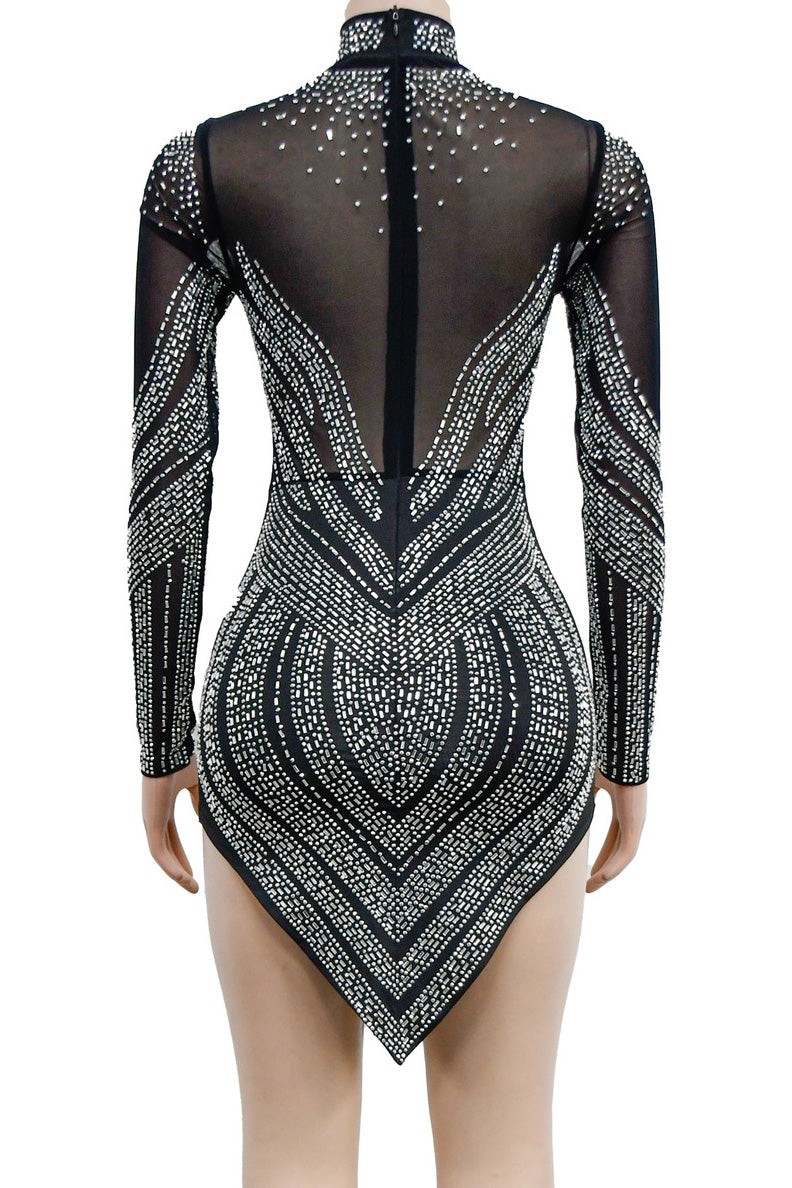 Rhinestone Embellished Sheer Mesh Mini Dress Lavish Daily