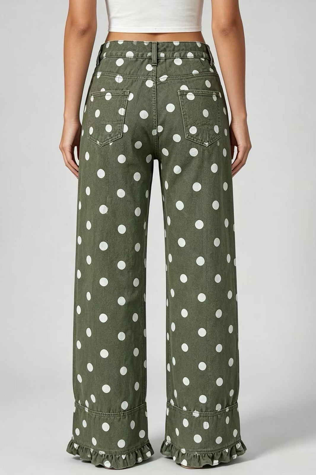 Polka Dot Wide Leg Jeans with Ruffle Hem Lavish Daily