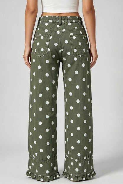 Polka Dot Wide Leg Jeans with Ruffle Hem Lavish Daily