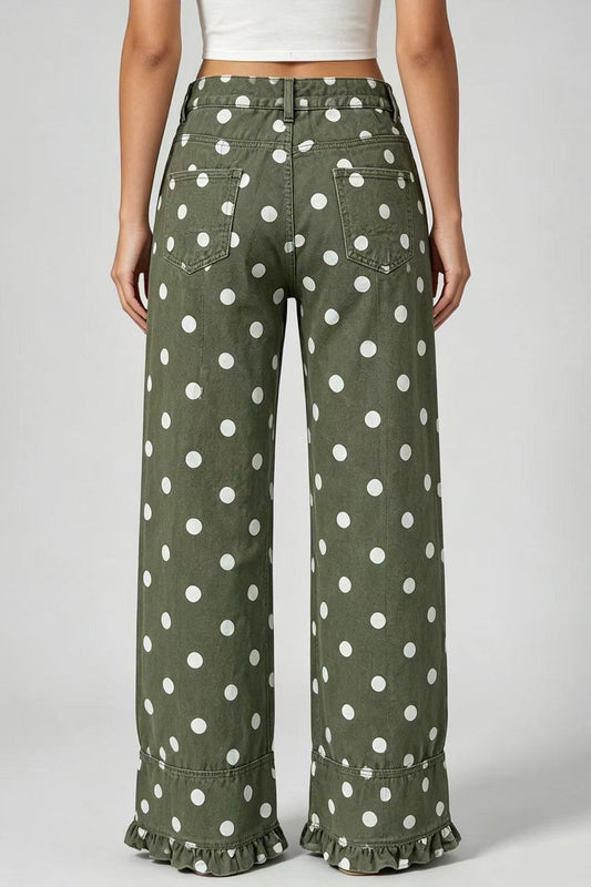 Polka Dot Wide Leg Jeans with Ruffle Hem Lavish Daily