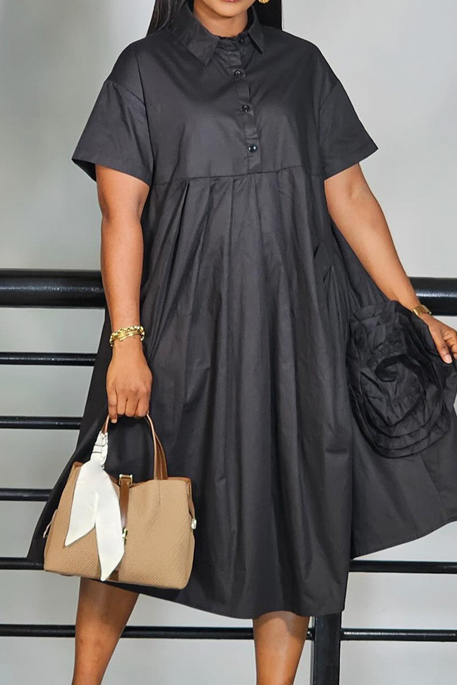 Casual Shirt Collar 3D Floral Pocket Midi Dress Lavish Daily