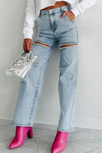 Mid Rise Crystal Slit Knee Jeans Lavish Daily