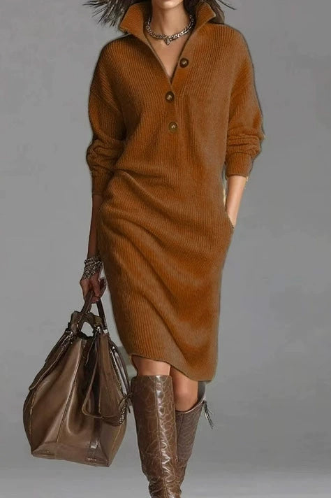 Solid Collared Button Pocket Knit Midi Dress LavishDaily