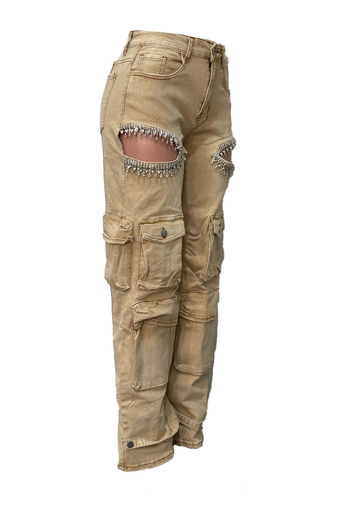 Rhinestone Cutout Wide Leg Cargo Pants LavishDaily
