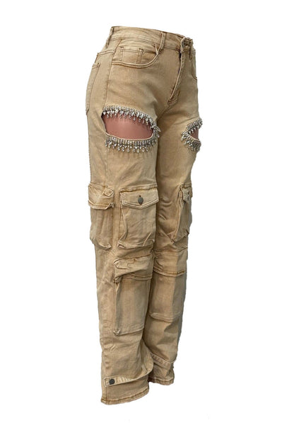 Rhinestone Cutout Wide Leg Cargo Pants LavishDaily