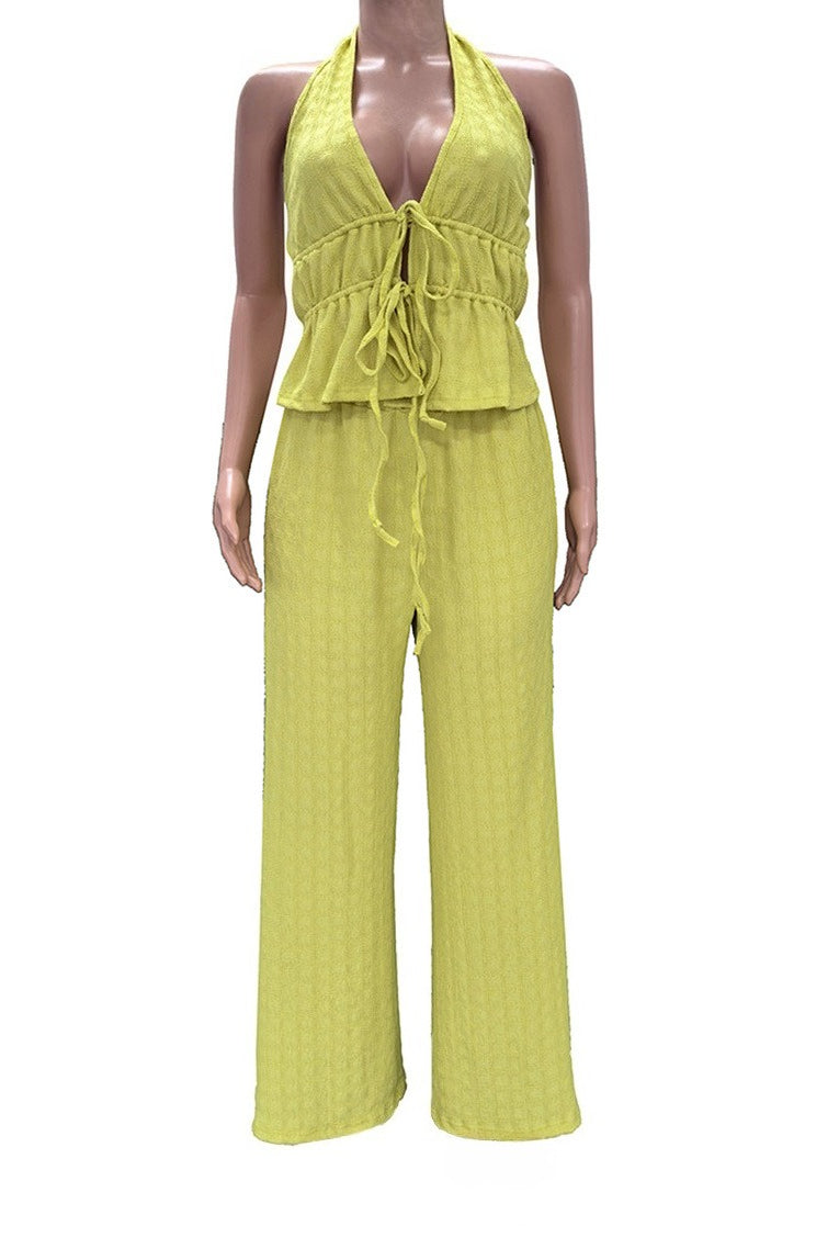 Textured Halter Wide Leg Pant Set Lavish Daily