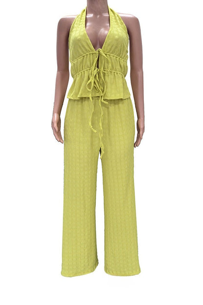 Textured Halter Wide Leg Pant Set Lavish Daily