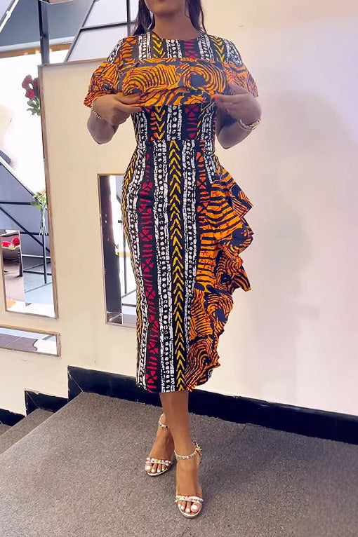 Print Contrast Ruffle Back-Vent Dress Lavish Daily