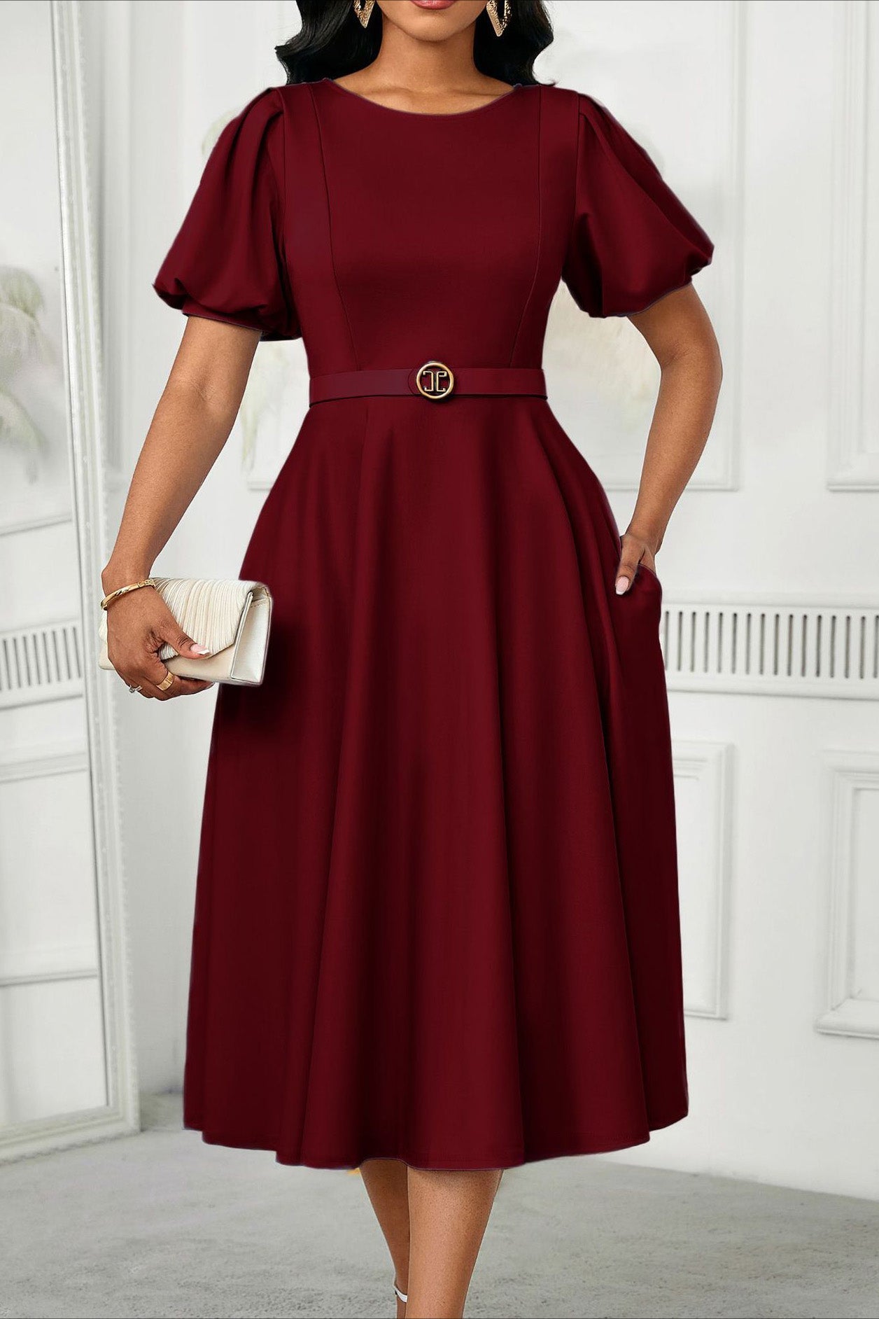 Puff Sleeve High Waist Solid Round Neck Dress Lavish Daily