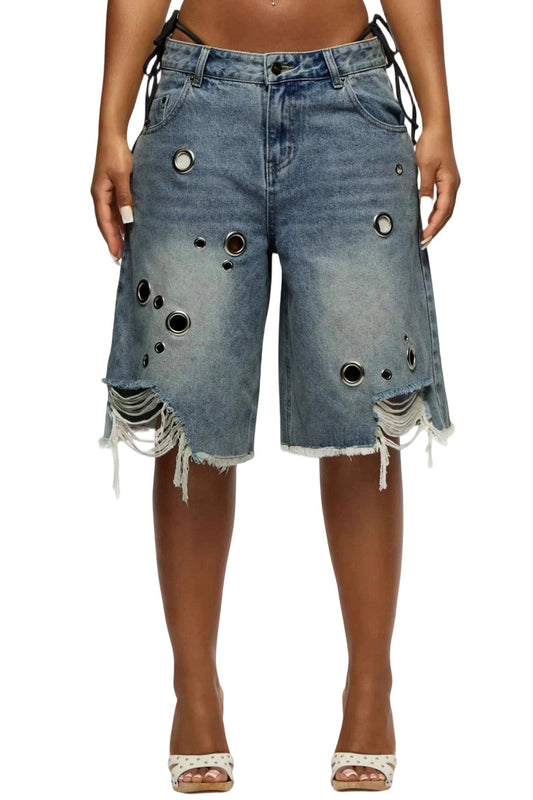 Grommet Distressed Denim Bermuda Shorts Lavish Daily