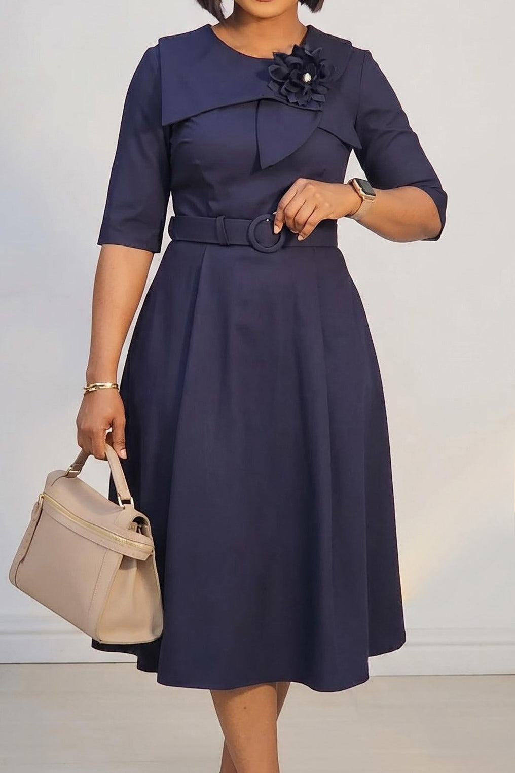 Asymmetrical Floral Collar Belted A-Line Dress Lavish Daily