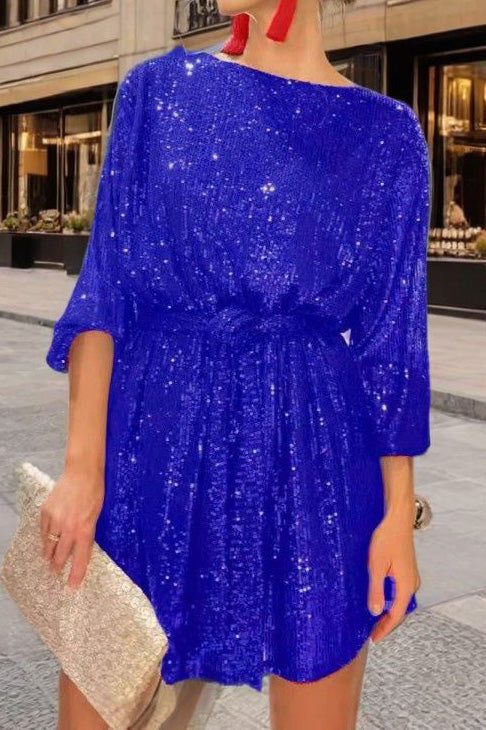Sequin Tie Waist Long Sleeve Mini Dress Lavish Daily