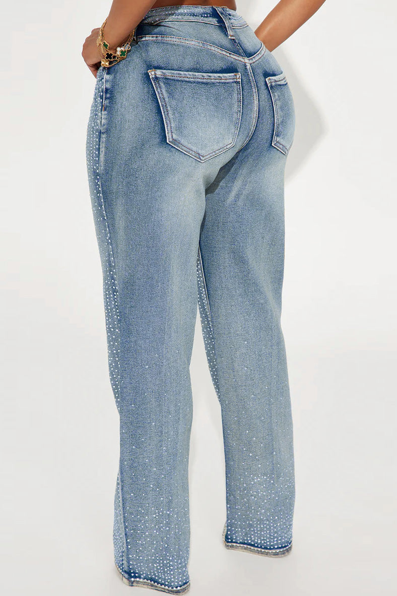 Rhinestone Straight Leg Jeans Pants Lavish Daily