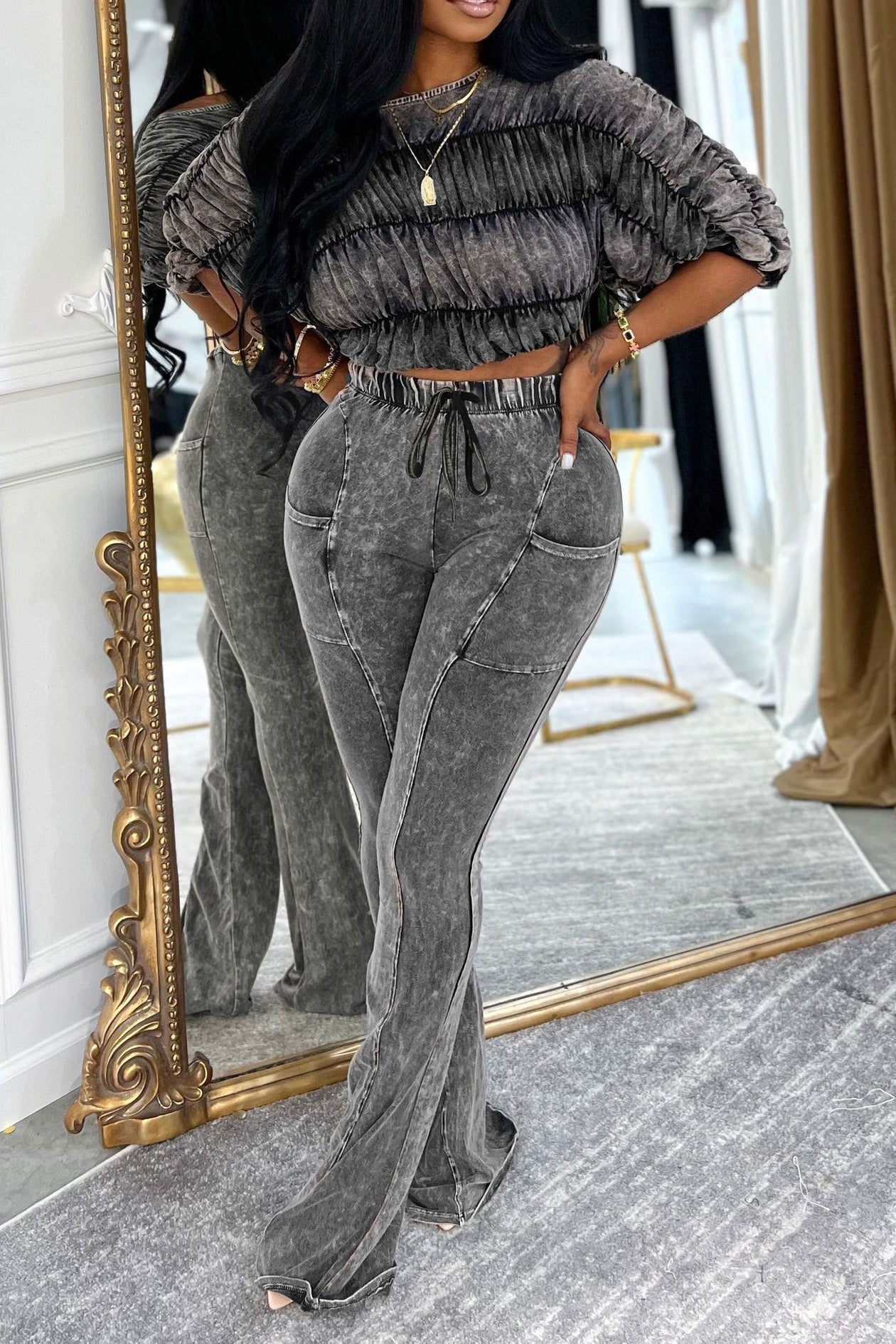 Ruched Crop Top and Lounge Pant Set Lavish Daily