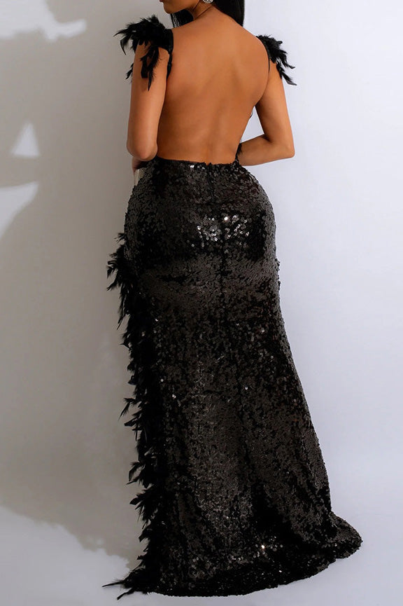 Feather Sequins Strap High Slit Dress Lavish Daily