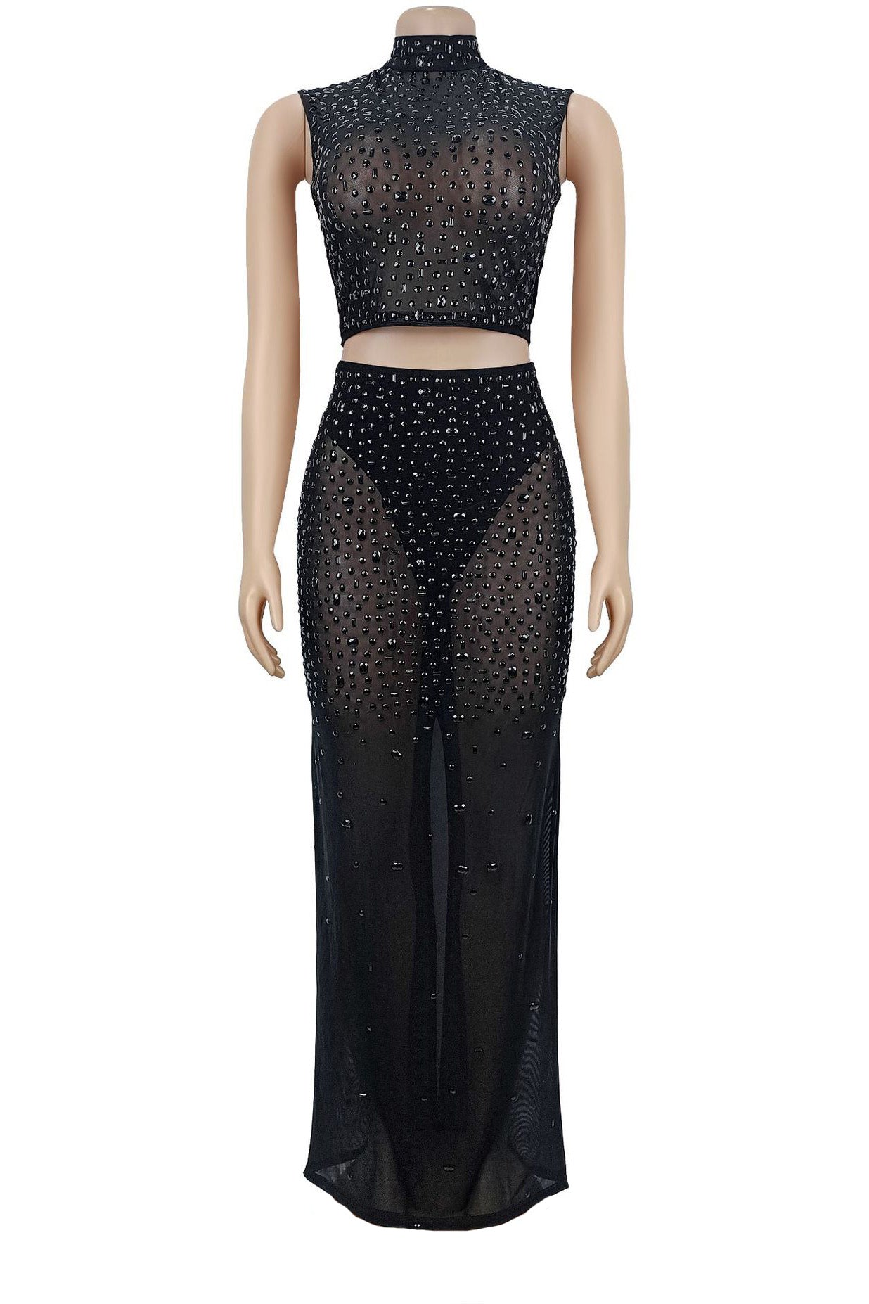 Sheer Rhinestone Mesh Maxi Skirt Set Lavish Daily