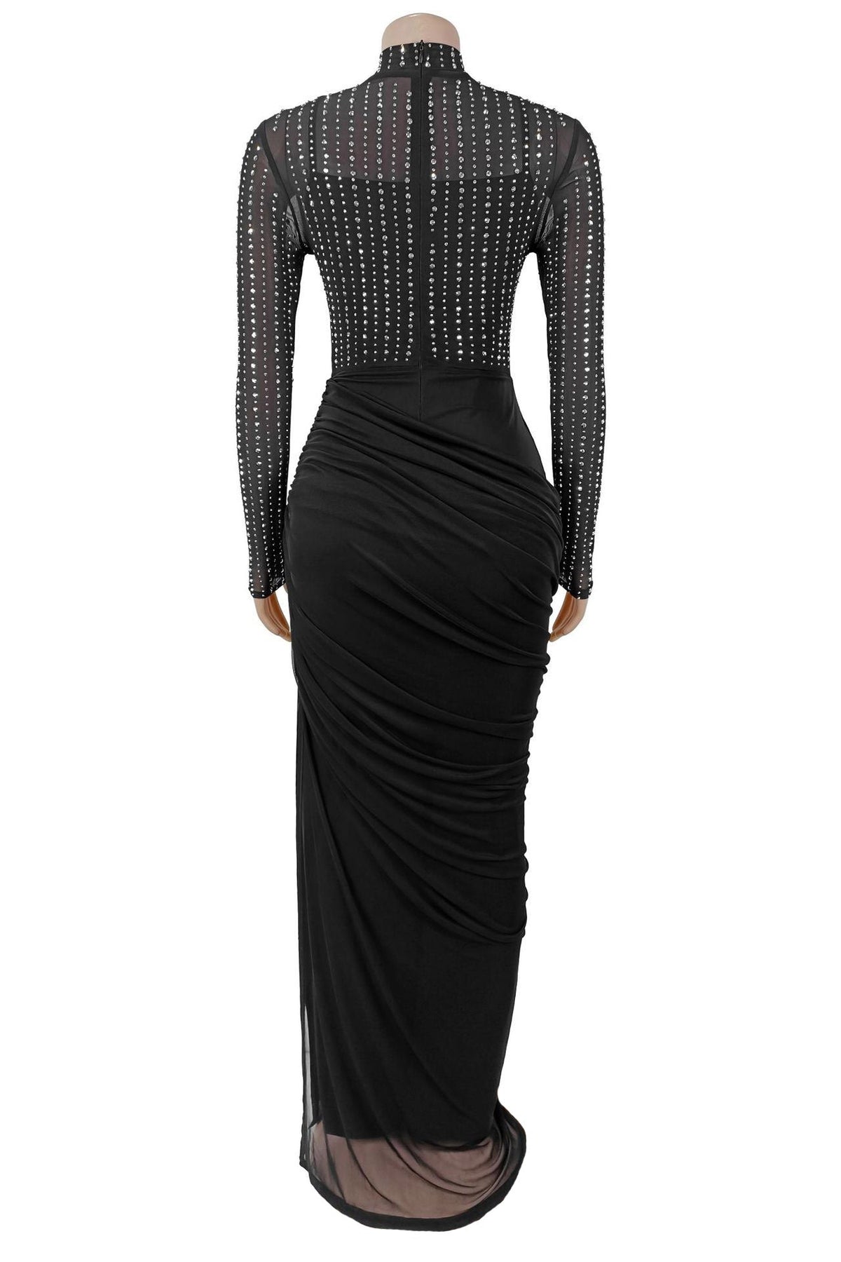 Beaded High-Neck Ruched Mesh Maxi Dress Lavish Daily
