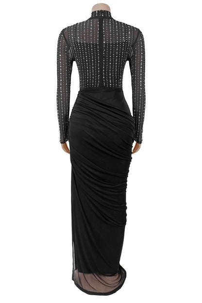 Beaded High-Neck Ruched Mesh Maxi Dress Lavish Daily