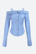 Striped Shoulder Button Down Shirt Lavish Daily