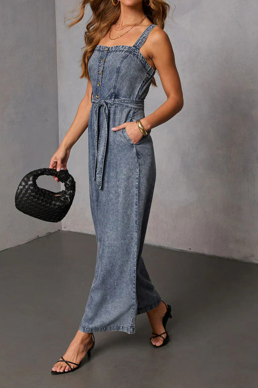 Button-Front Wide Leg Denim Jumpsuit Lavish Daily