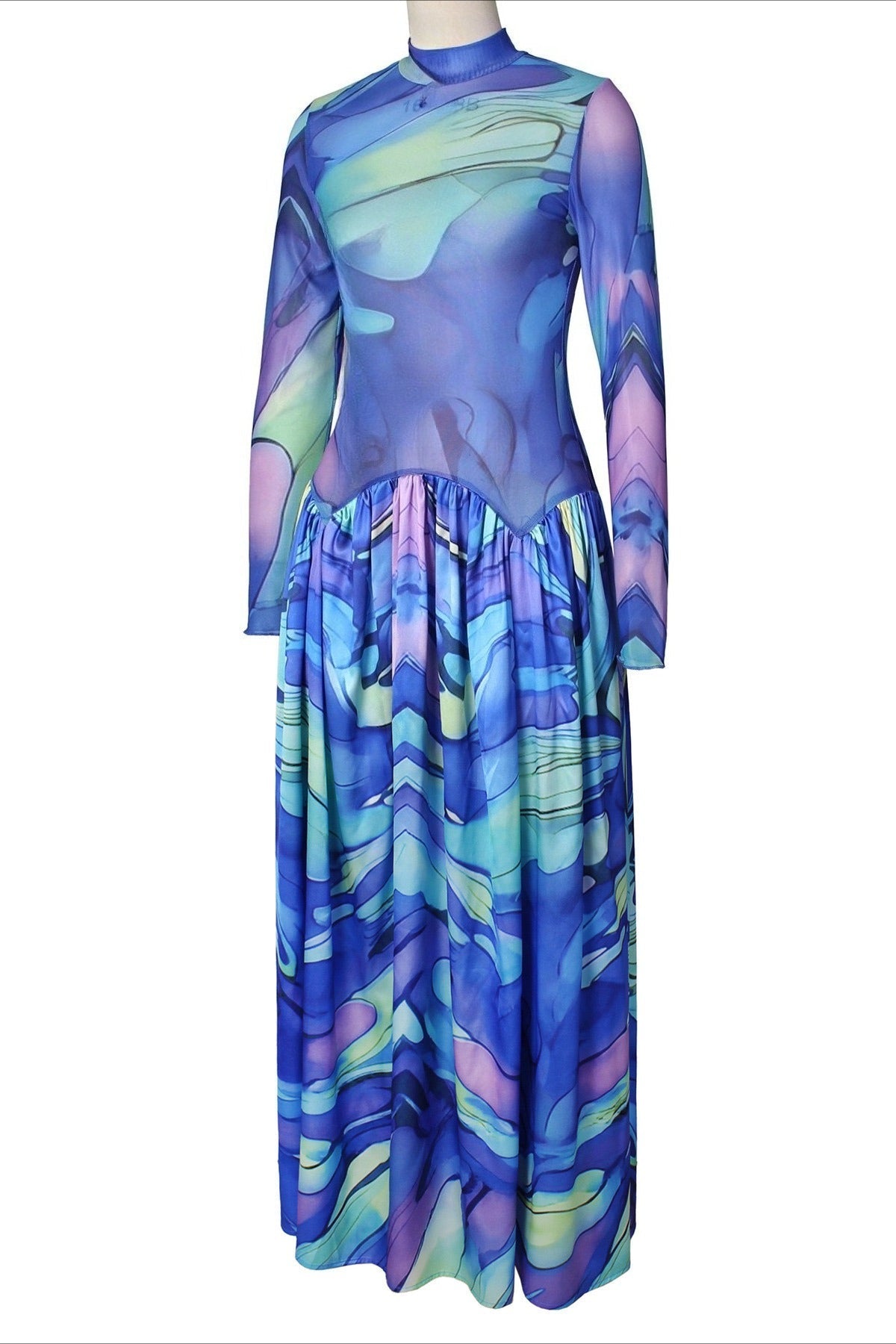 Mock Neck Mesh Floral Maxi Dress Lavish Daily