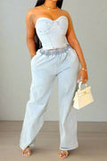 Denim Tube Top Wide Leg Pants Set Lavish Daily