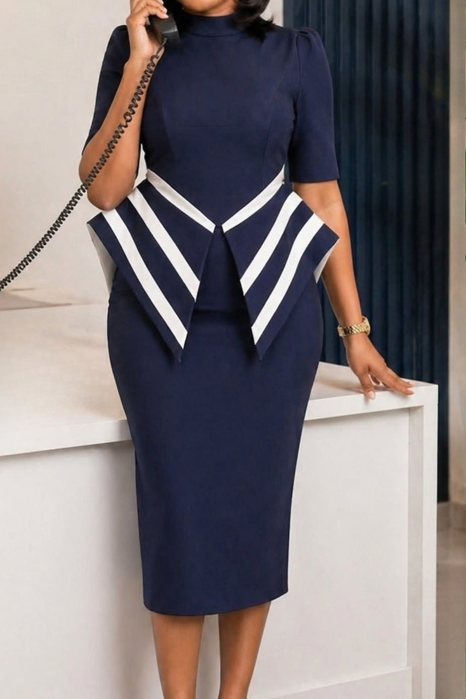Contrast Peplum Mock Neck Pencil Dress Lavish Daily