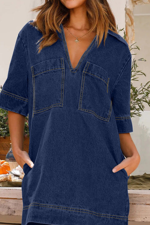 Collared Short Sleeve Loose Denim Dress Lavish Daily